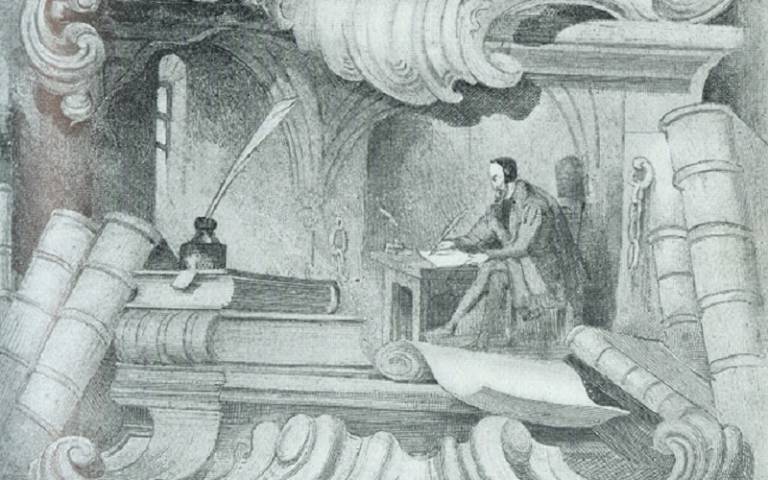 Andrew Melville, drawing of him at his desk