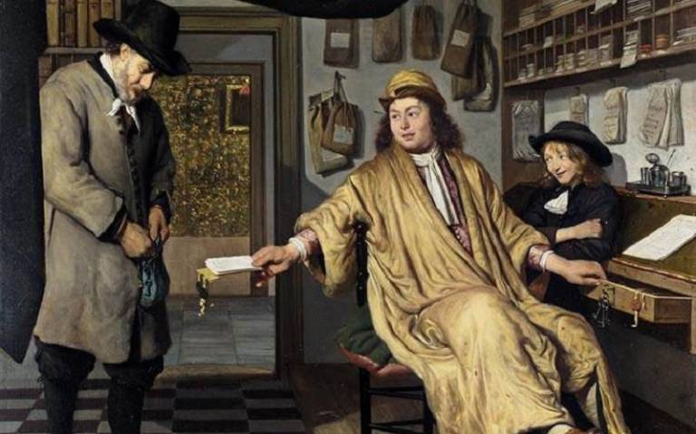 A notary in his office, painting by Job Adriaenszoon Berckheyde