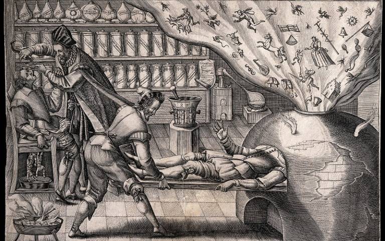 A surgery where all fantasy and follies are purged and good qualities are prescribed. Line engraving by M. Greuter, c. 1600. Credit: Wellcome Collection