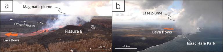 The 2018 eruption of Kilauea produces two eruption plumes, one at the main magmatic vent (A) and the second where lava flows met the ocean (B). Modified from Mason et al., (2021)