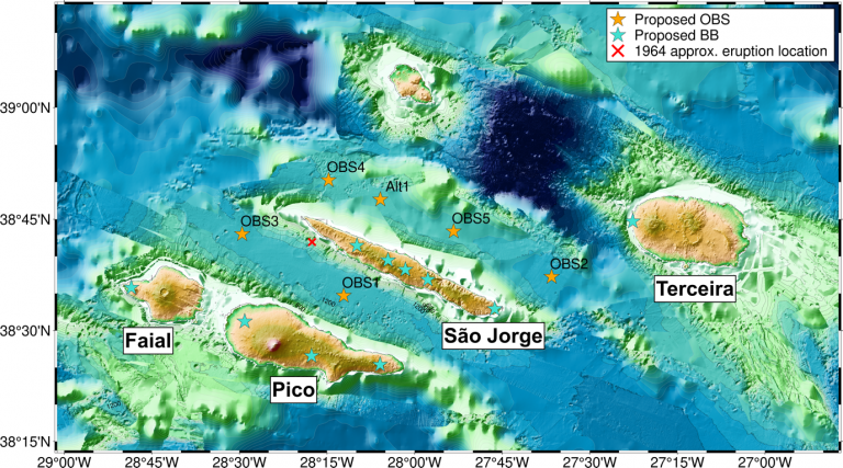 Map of the central Azorean islands and the approximate locations of the stations deployed 