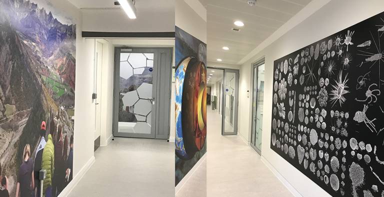 The corridors in our new building decorated with 'super-graphics'.