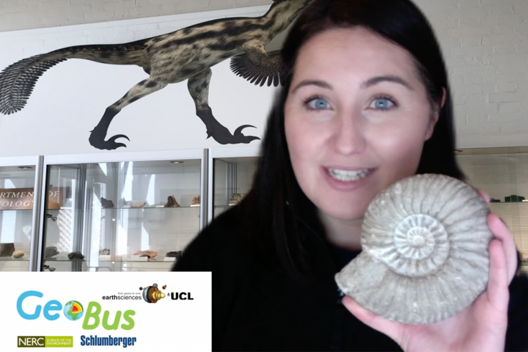 Amy Edgington on a backdrop of cabinets of rocks and minerals and holding an ammonite fossil.
