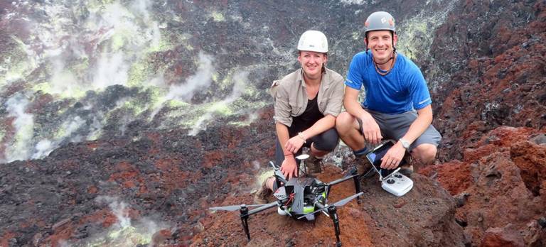 Emma Liu (left) and Kieran Wood with a multi-rotor drone on Rabaul Volcano