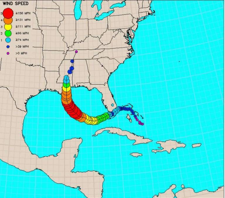 Path that Hurricane Katrina took before making landfall in Louisiana as a Category 3 hurricane. Source: The National Oceanic and Atmospheric Administration (NOAA).