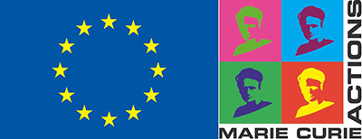 The EU flag is shown on the left half, with 12 gold stars arranged in a circle on a blue background. The right side shows a Andy Warhol-inspired multi-coloured graphic of Marie Skłodowska Curie, with the words Marie Curie Actions. 