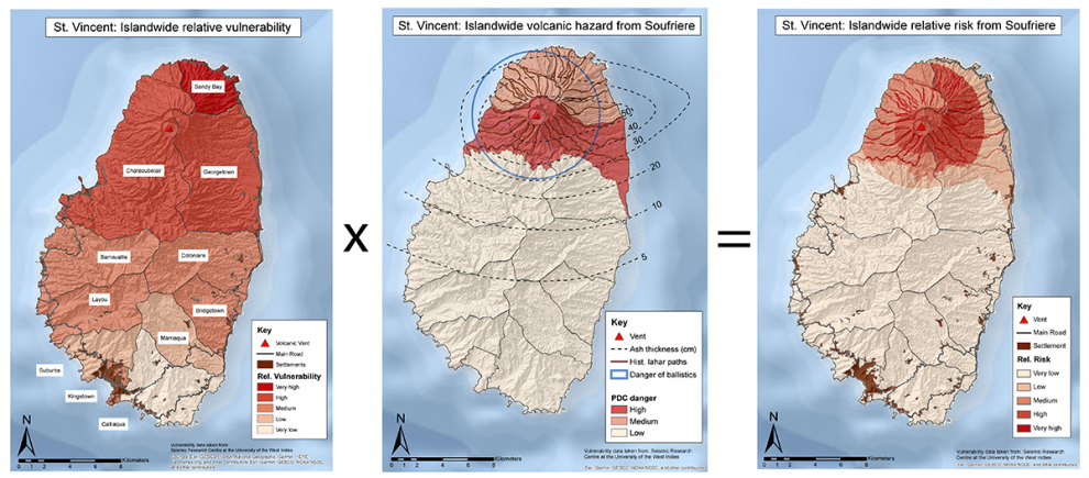 A map of St. Vincent (eastern Caribbean) showing the relative risk across the island in the event of an eruption from the Soufrière volcano. 
