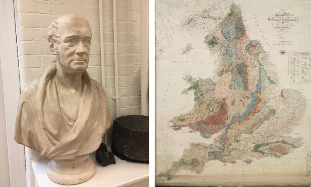 The bust of Greenough in the Rock Room at UCL and Greenough’s Map