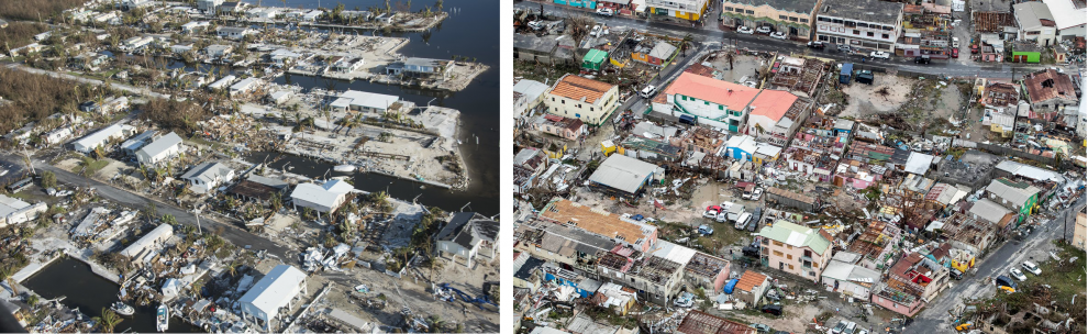 Devastation to areas of the Florida Keys (left) and St. Martin (right) by Hurricane Irma is comparable. However, the reactive resilience response is not [4]. Sources: United States Air Force and Netherlands Ministry of Defence, respectively.