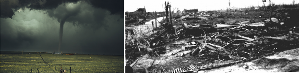 Left: Typical thunderstorm that spawns a tornado. The distinct cloud funnel extends to the surface and exhibits extreme windspeeds. Photo by Nikolas Noonan on Unsplash. Right: Damage that portrays the destruction left behind in Illinois after the 1925 tri
