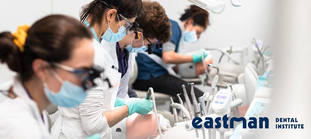 Students at UCL Eastman working on dental mannequins in the clinical skills lab