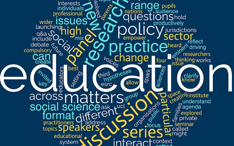 a graphic made up of words including education, research, social sciences, policy, discussion panel and other words relating to the series