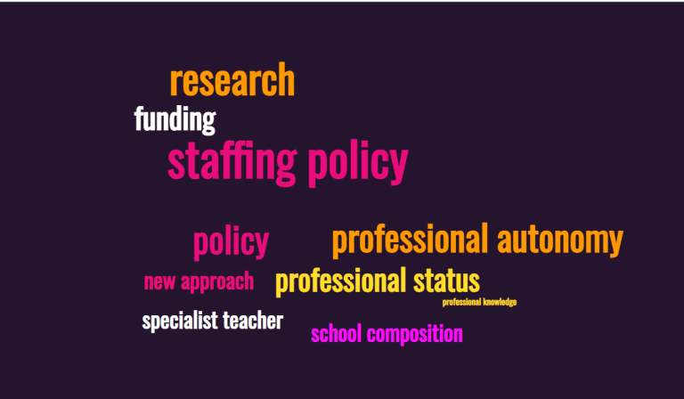 a word cloud in reds, yellows and purples with the following words: research, funding, staffing policy, policy, professional autonomy, new approach, professional status, specialist teacher, school composition, professional knowledge