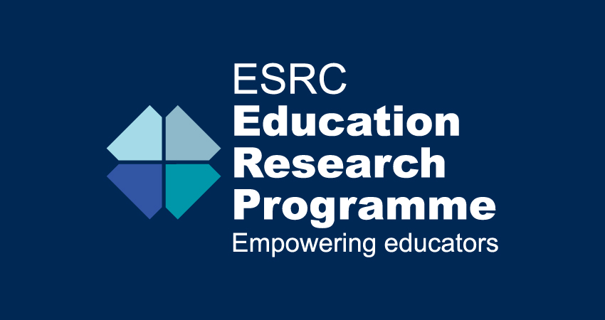 ESRC Education Research Programme – Empowering educators, project logo on dark blue background, four arrows in the shades of blue pointing towards each other