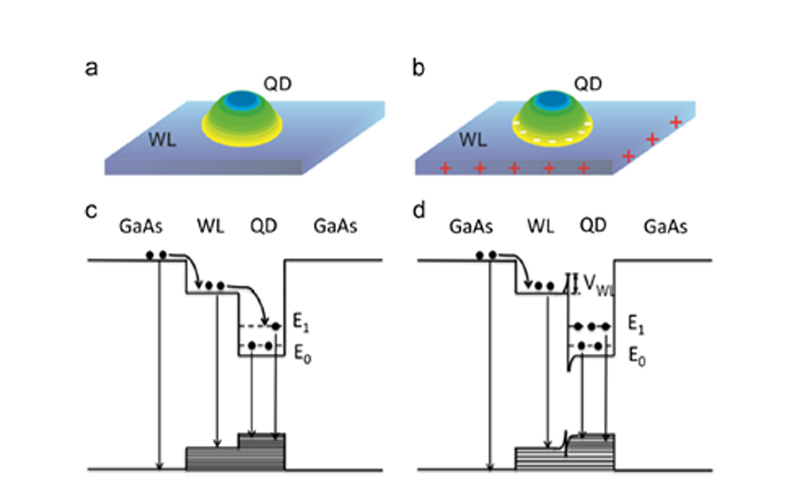 Schematic diagrams for charge distribution and electron distribution and relaxation pathways in InAs/GaAs quantum dot solar cells in the QDs for un-doped QDs and Si-doped QDs, respectively.