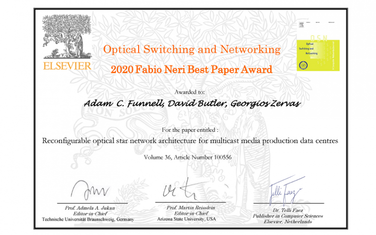 Certificate for 2020 Fabio Neri Best Paper Award