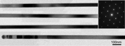   Figure 2.TEM image of a GaAsP core NW. The inset is the electron diffraction pattern.