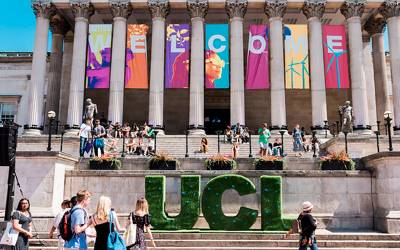UCL Portico with green UCL letters in front