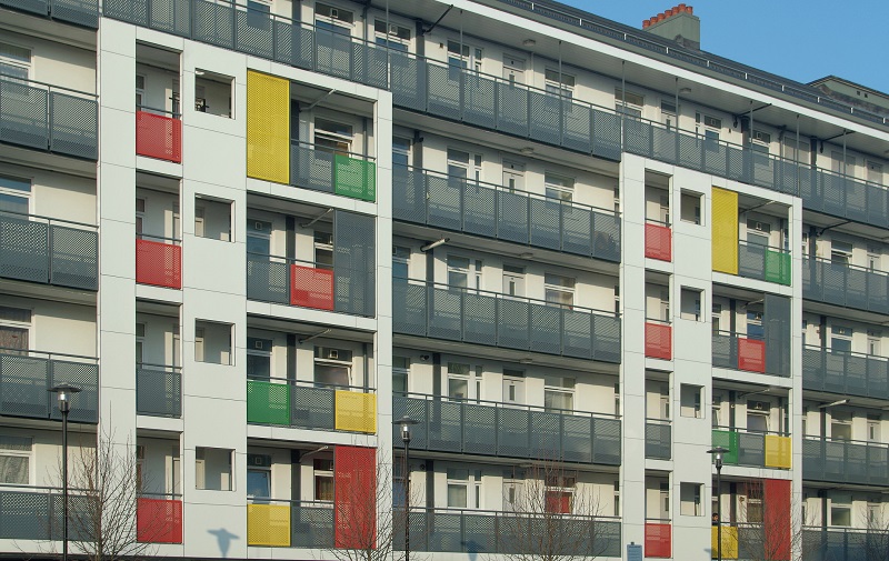 The front of a colour tower block