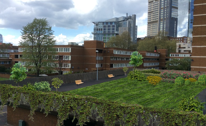 An artist's depiction of how the planned community roof garden at Kipling Estate, Bermondey might look when completed