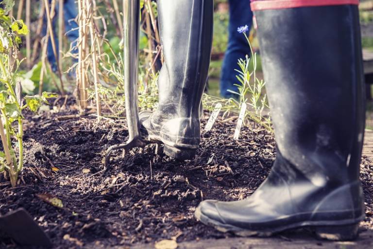 An image of Wellington boots in use for gardening as their wearer digs soil