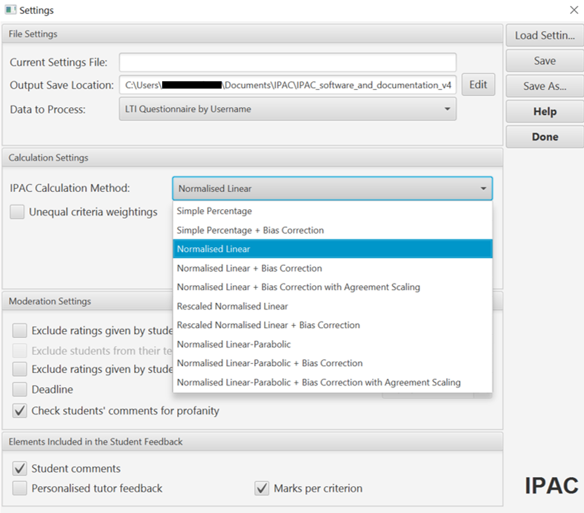 IPAC software Calculation Settings