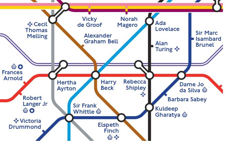 Screenshot of a modified tube map with the names of notable Engineers in place of the station names
