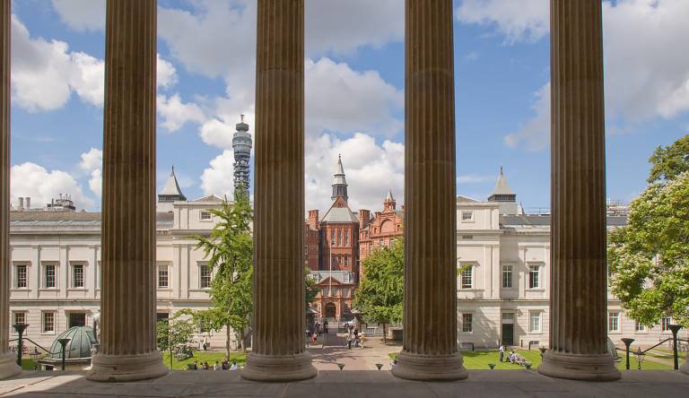 Image shows a view from the portico building at the UCL main campus.