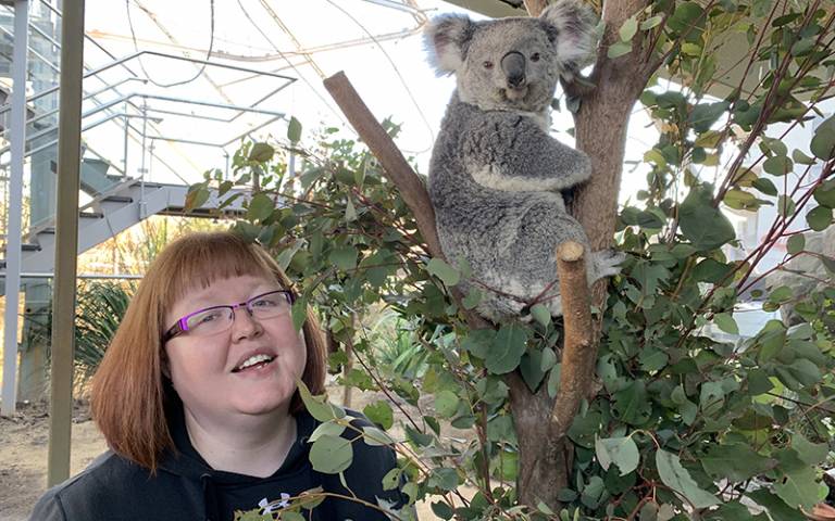 UCL STEaPP's Dr Sarah Quinnell posing next to a koala in a tree.