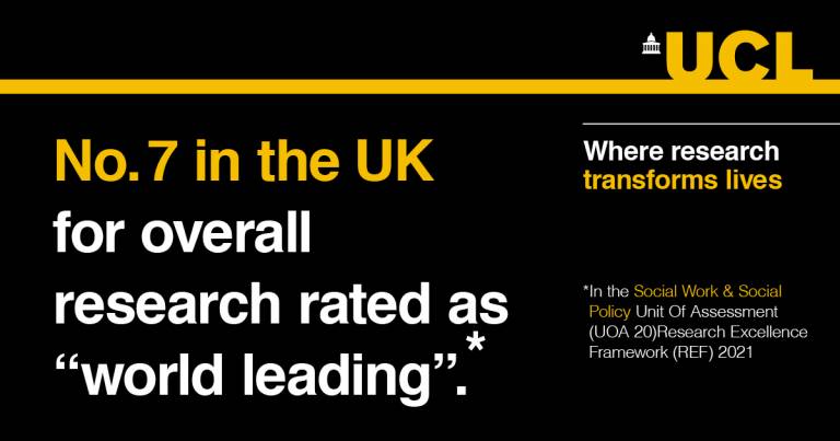On a black background with the UCL logo in the top right, text reads "No 7 in the UK for overall research rated as "world leading""
