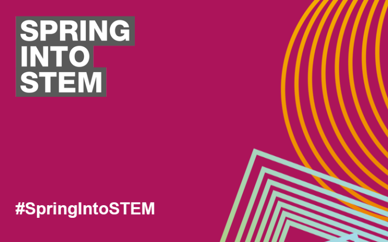 Spring into STEM 2023 promotional graphic, a pink background with abstract shapes