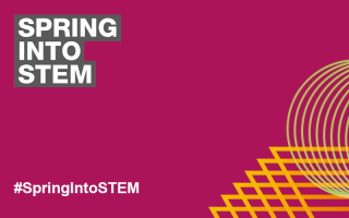 Spring into STEM 2023 promotional graphic, a pink background with abstract shapes