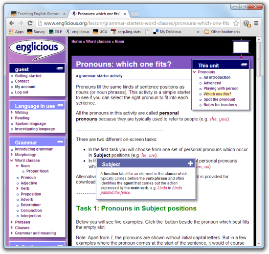 Previewing a starter activity on the website (secondary school). Note the pop-up glossary and navigation elements.