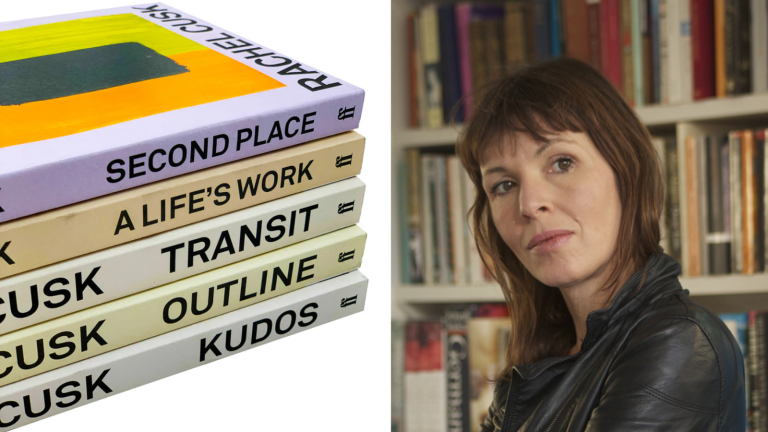 Imae of rachel cusk and her books stacked next to her
