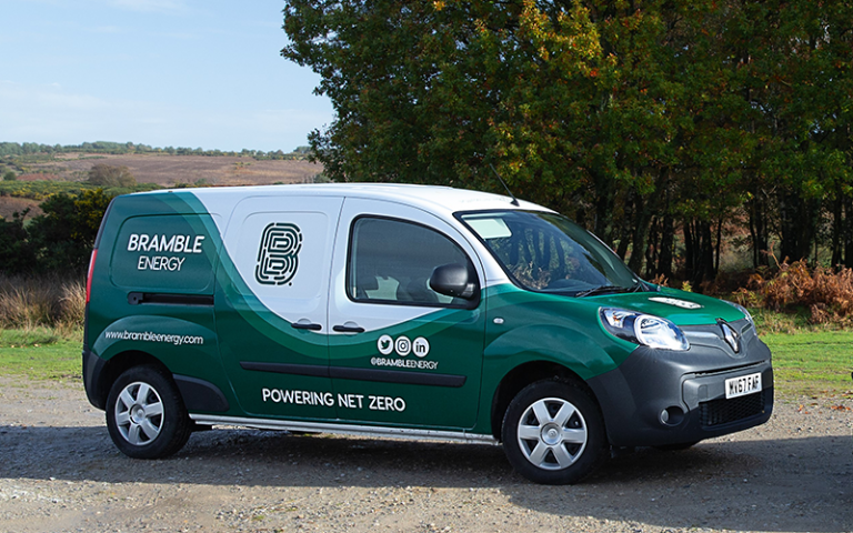 A small van painted with Bramble Energy branding