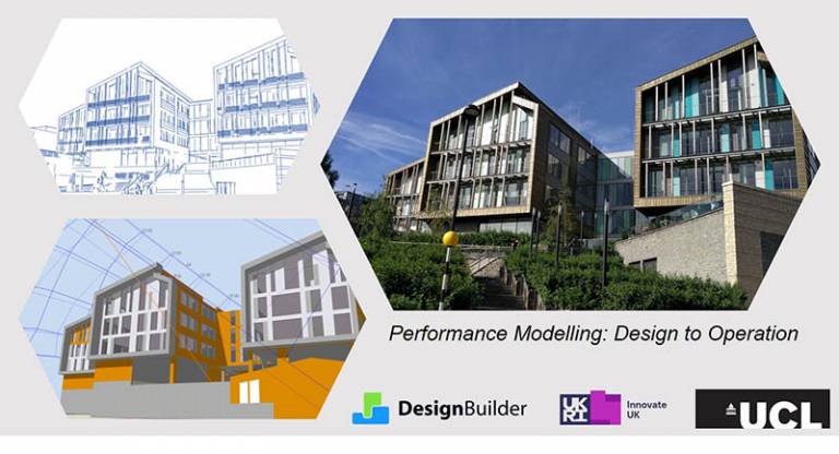 Two design images of a building and a photo of the completed building. Logos for DesignBuilder, Innovate UK and UCL