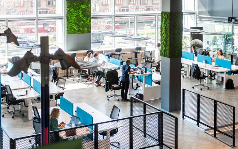 Plexal's accessible co-workspace, with adjustable desks and sockets that can be easily reached by people in wheelchairs