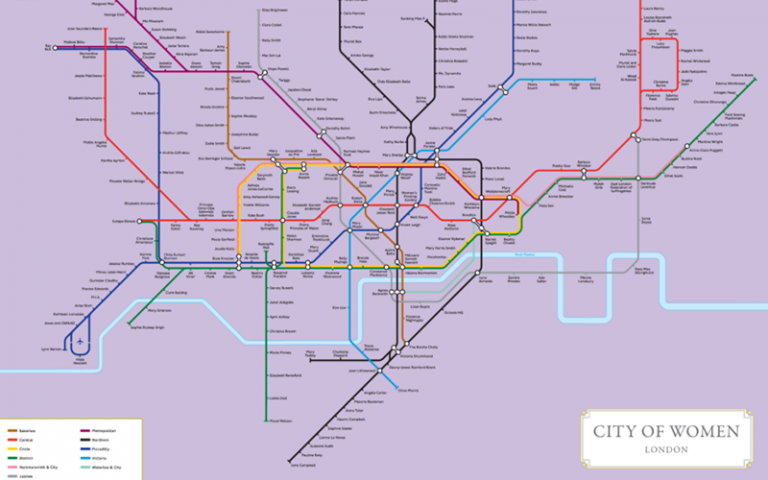A map of the London underground, with each station name replaced by a notable woman or non-binary person