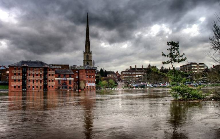Flooded river Severn, Worcester. Lower part of buildings submerged by water.