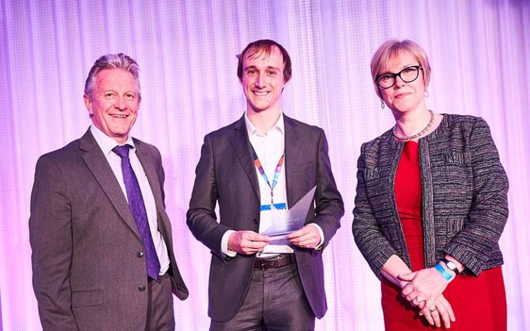 Dr George Frodsham collects his Early Career Impact Award at the 2019 BBSRC Innovator of the Year Awards 
