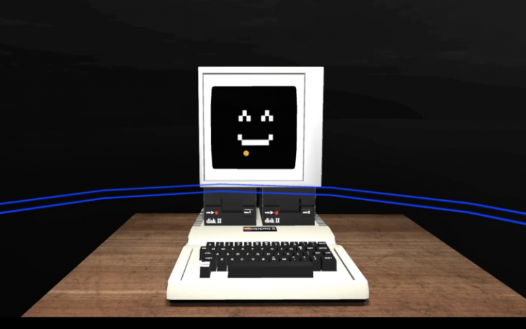 A smiling computer in a VR room