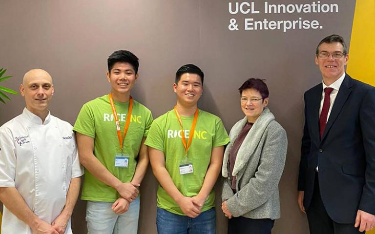 Rice Inc founders Kisum Chan and Lincoln Lee with Michael Shipman, Sodexo Head Chef, Dr Celia Caulcott, Vice-Provost (Enterprise), and Andy Norton, Sodexo Retail Director at UCL.