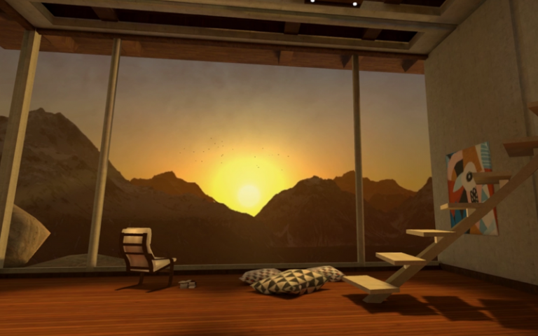 A quiet room, with a chair and cushions on the floor in front of a big window, through which you can see the sunrise