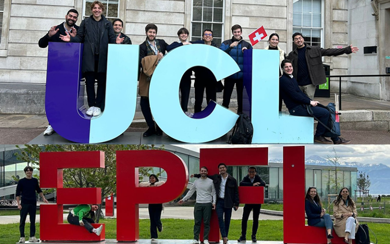 A group of people standing by giant letters spelling out U.C.L. and E.P.F.L.