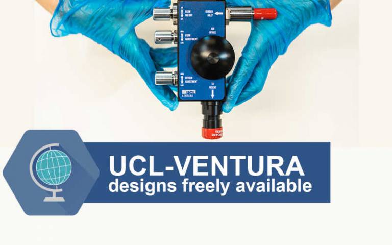 Two hands in blue plastic gloves, holding the UCL-Ventura breathing aid