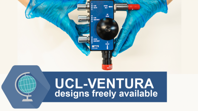 Photo of the new UCL-Ventura breathing aid with the words 'UCL-Ventura designs freely available'