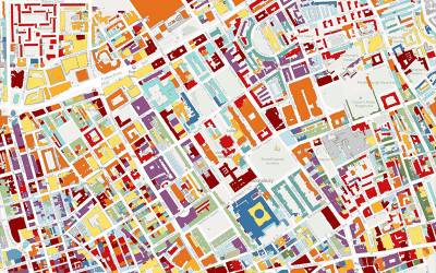A map of Bloomsbury, London, with building coloured in different colours