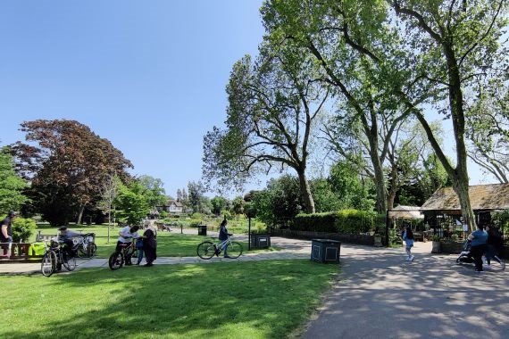 A photograph of 3 people cycling through a sunny park in Brent.