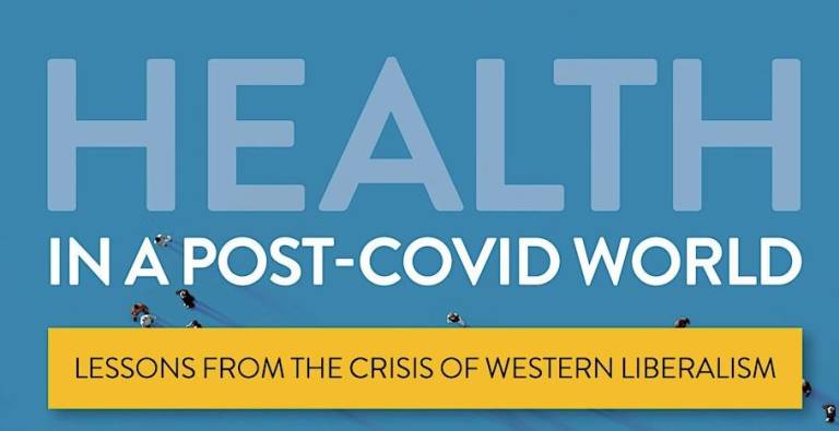 "Health in a post-covid world" in white text on a blue background.