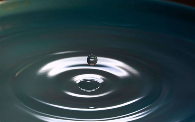 A droplet creating ripples in a body of water.